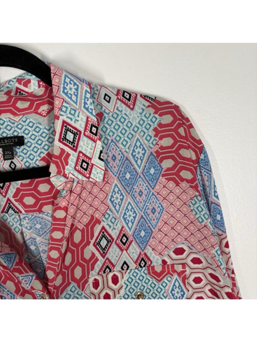 Talbots Woman Petite 2XP Patchwork Roll Tab Sleeves Popover Tunic Shirt - Picture 7 of 11